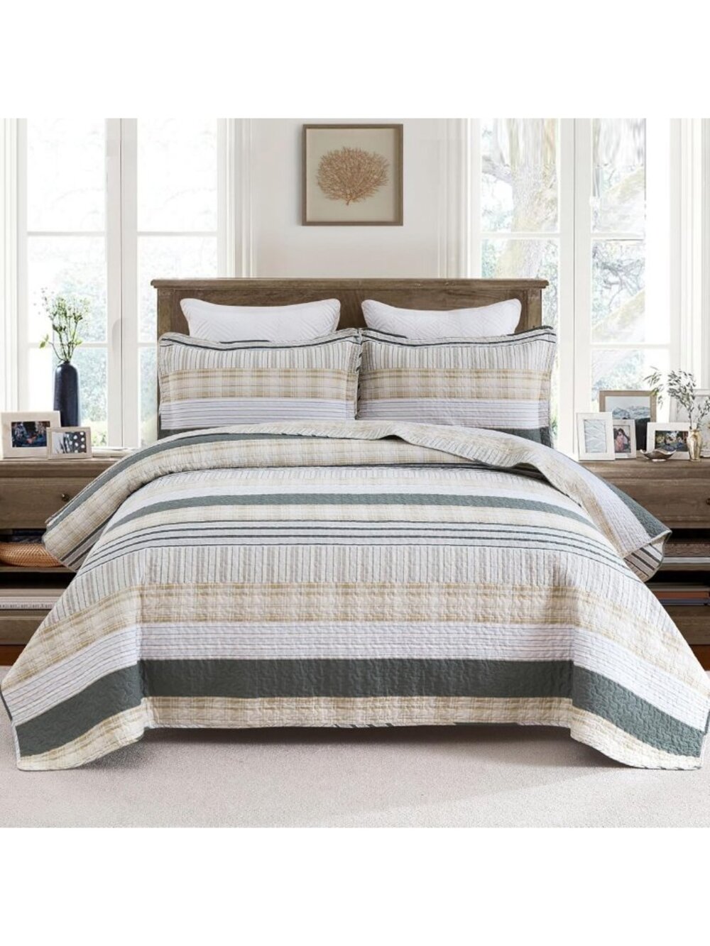 Cozy King Size Quilt Set - Beige Grey Plaid Cotton Comforter, 3 Piece Bedding